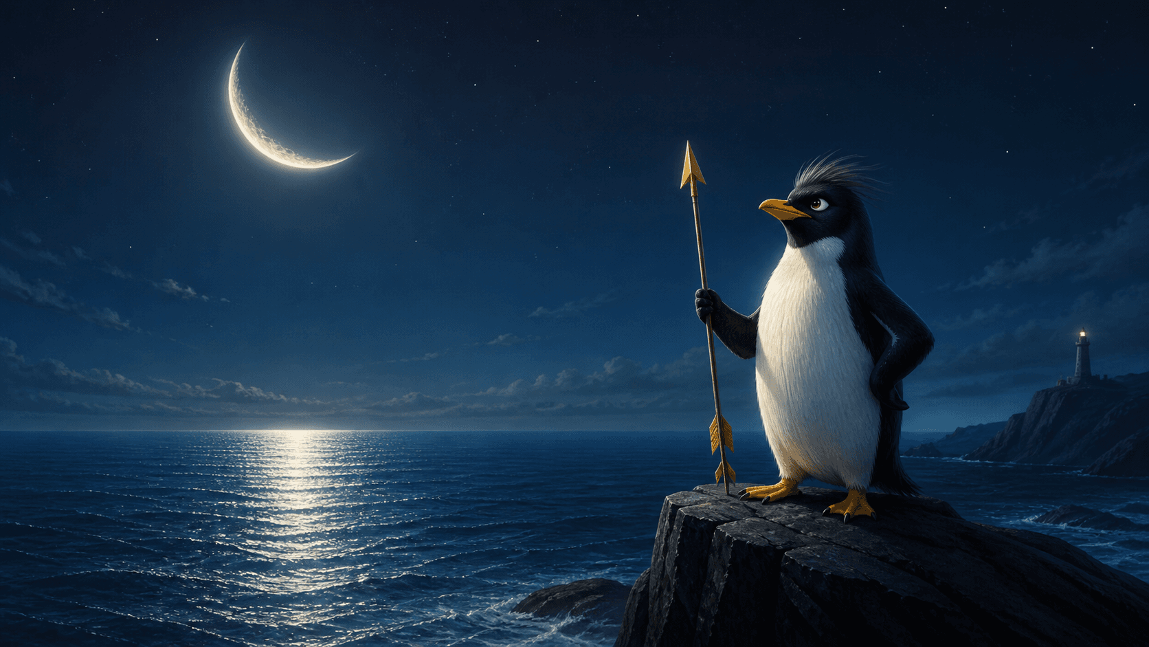 Pinguim do DONE LINUX segurando uma flecha diante do oceano sob a lua